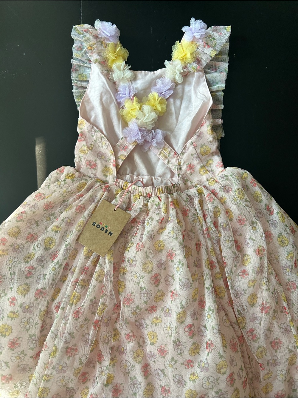 Boden Pink Floral Girls' Dress with Yellow & Lavender Flower Trim